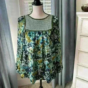 52 Women’s Blouse Medium Green, Silky Feel with Sheer Knit at front and back